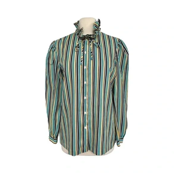 EUC Unique Vintage 70s/80s Ruffle Mock Neck Striped Button Down Blouse Women’s L - Picture 2 of 12
